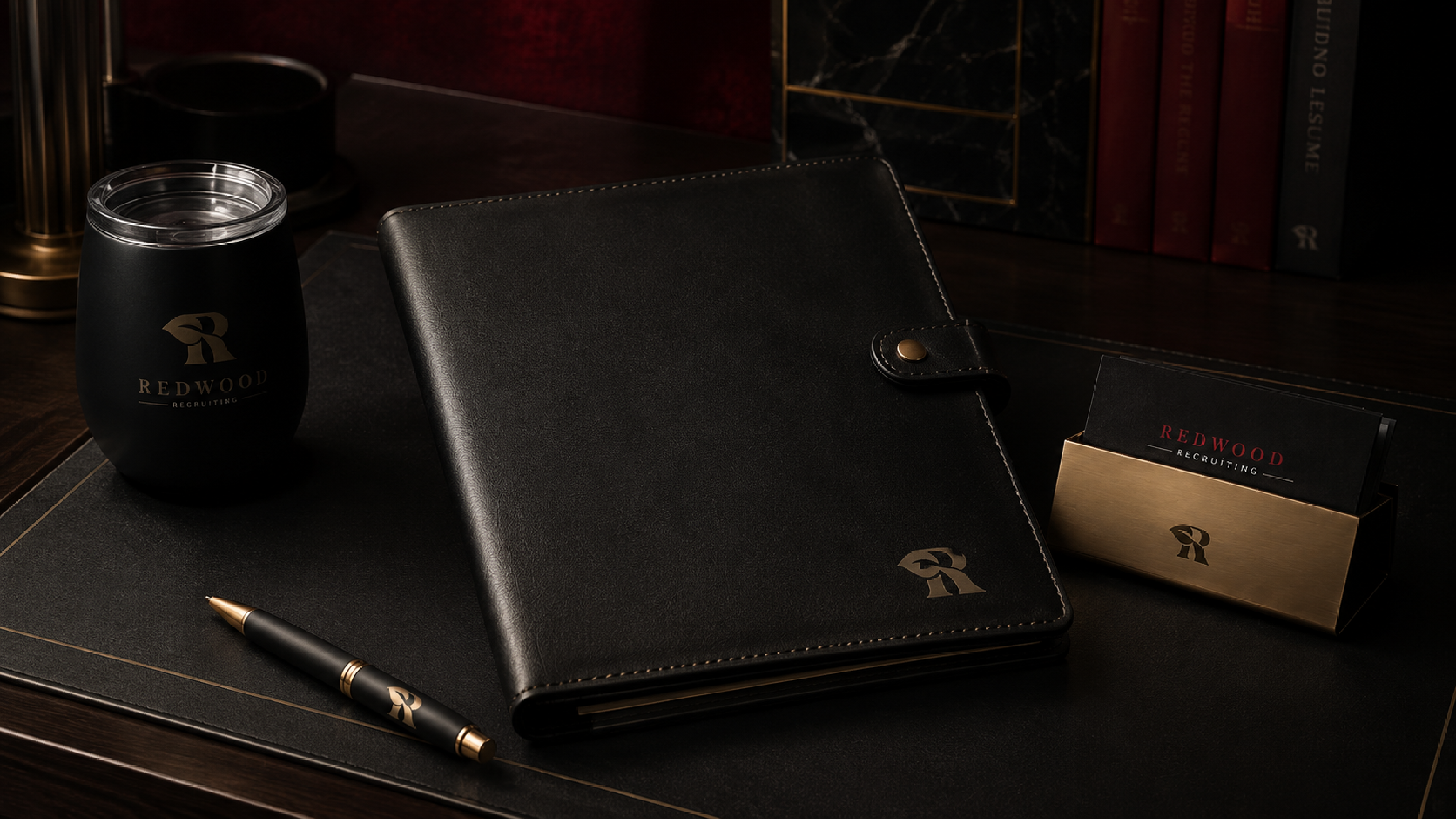 Redwood wordmark applied to insulated tumbler with leather folio